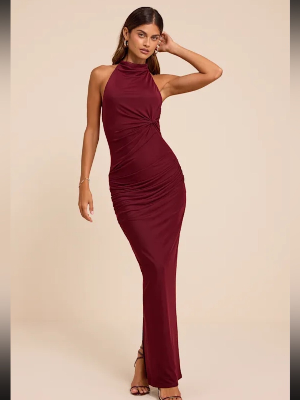 ASOS DESIGN mesh twist bust detail halter maxi dress with tie back neck in wine